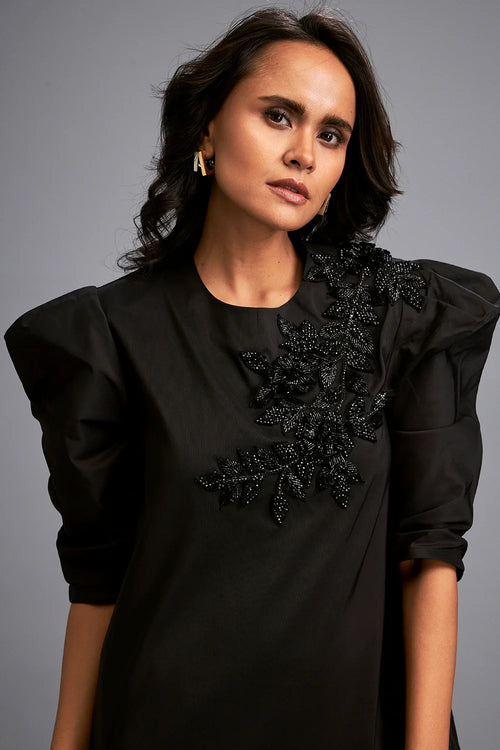 Black White Swarovski Puffed Sleeves Dress