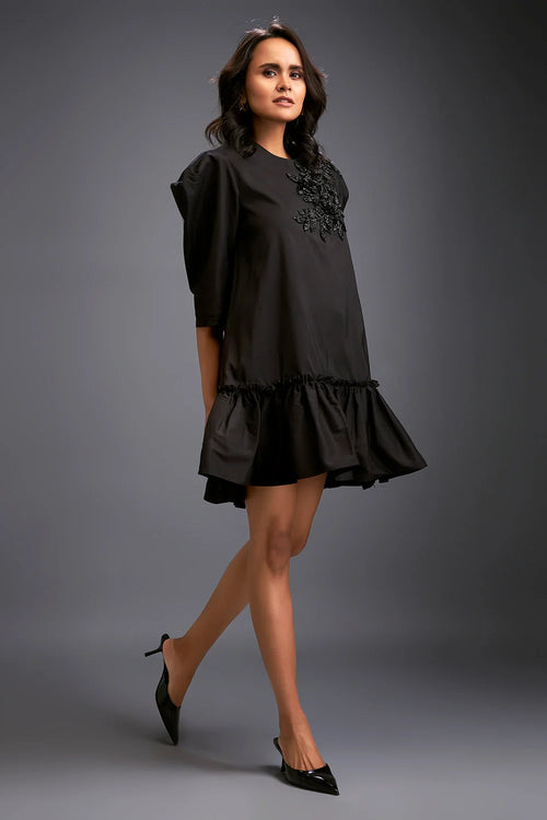 Black White Swarovski Puffed Sleeves Dress
