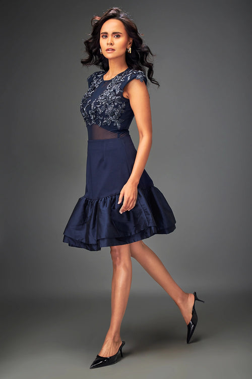 Blue Swaroski Embellieshed Top With Flared Skirt