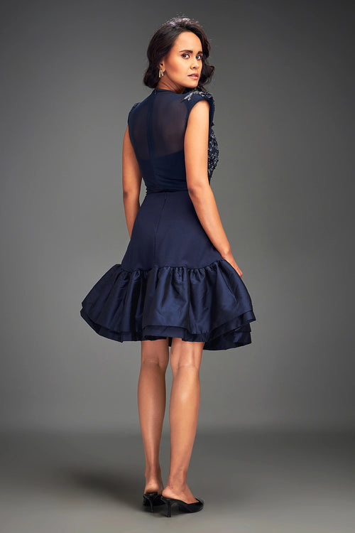 Blue Swaroski Embellieshed Top With Flared Skirt