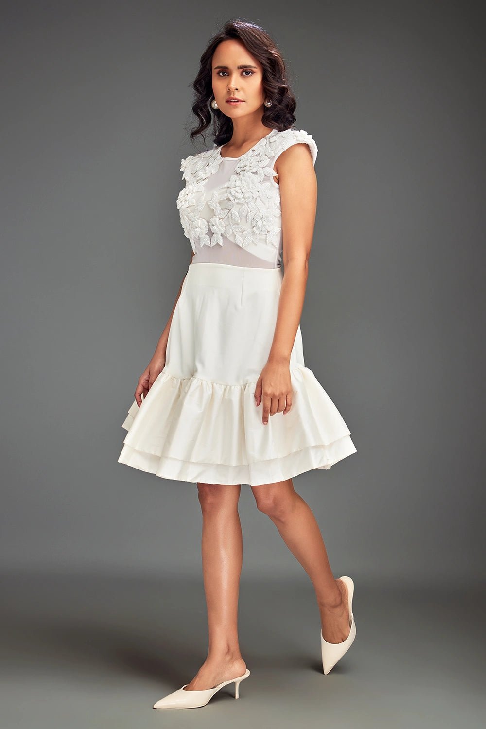 White Swaroski Embellieshed Top With Flared Skirt