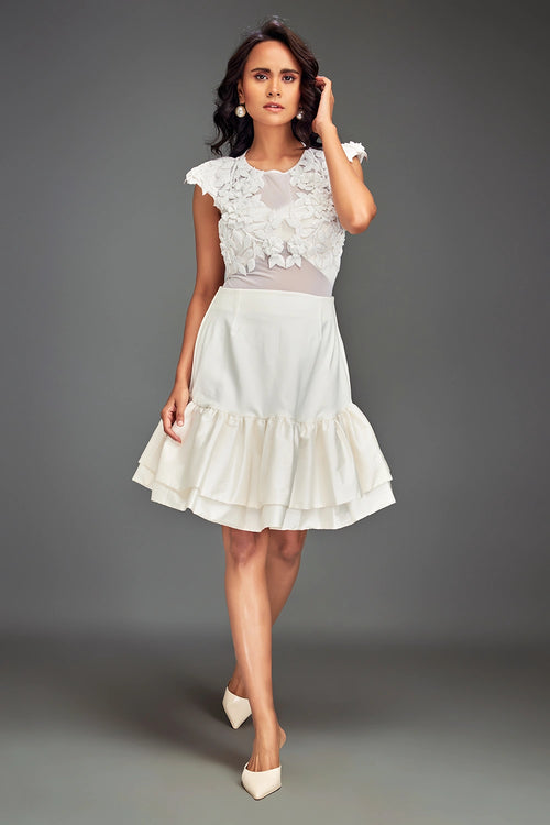 White Swaroski Embellieshed Top With Flared Skirt