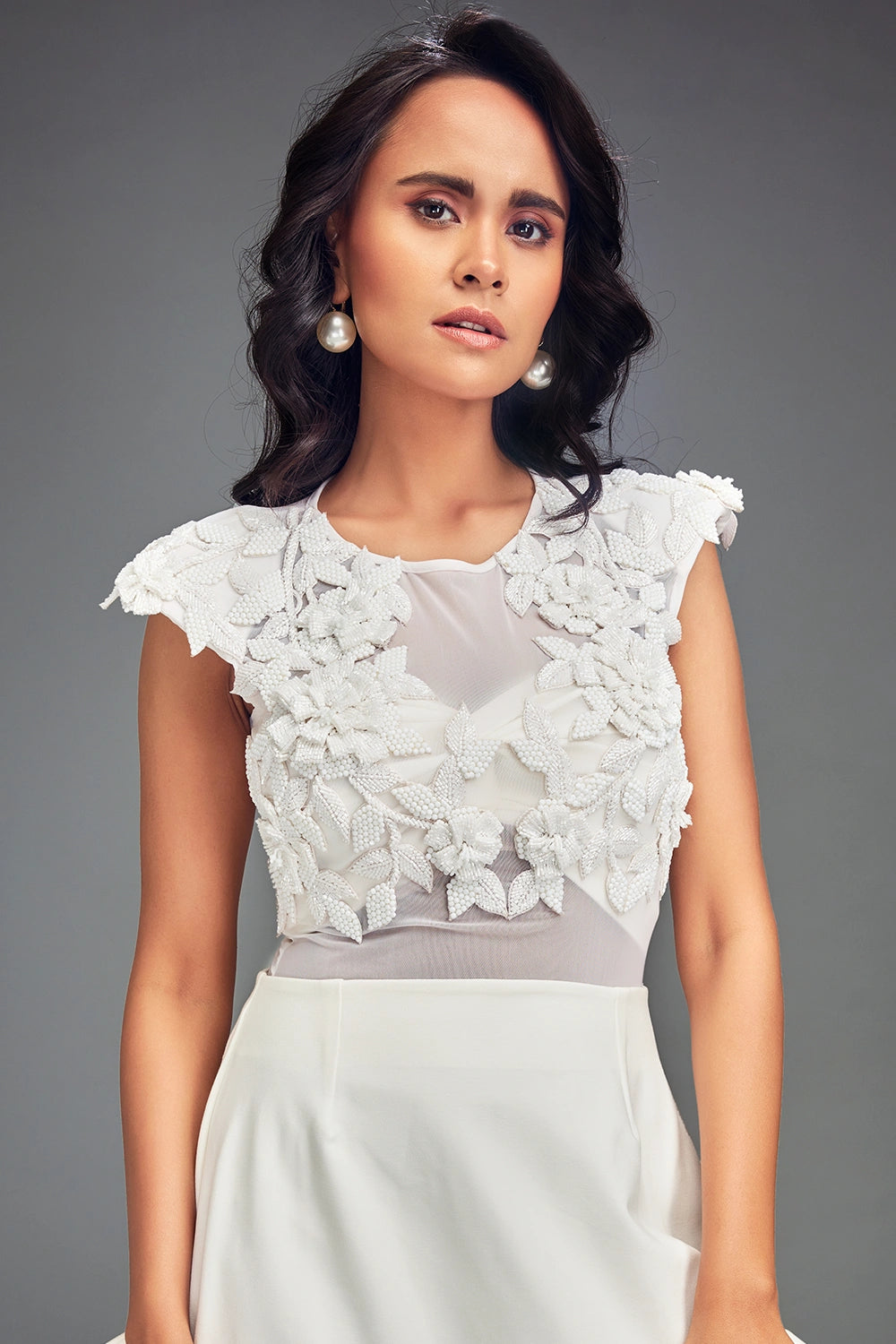 White Swaroski Embellieshed Top With Flared Skirt