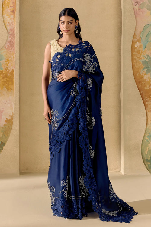 Indigo And Silver Embellished Saree