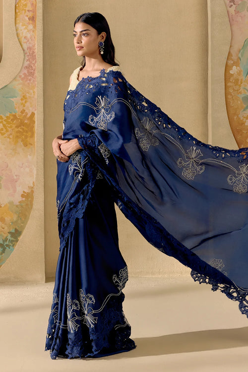 Indigo And Silver Embellished Saree