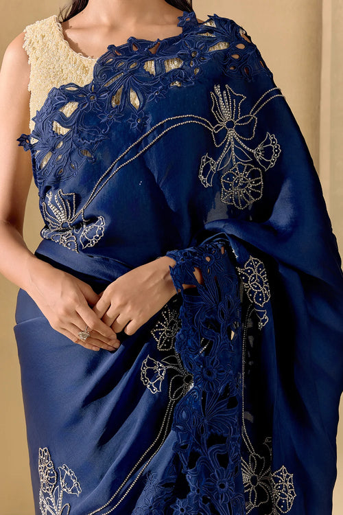 Indigo And Silver Embellished Saree