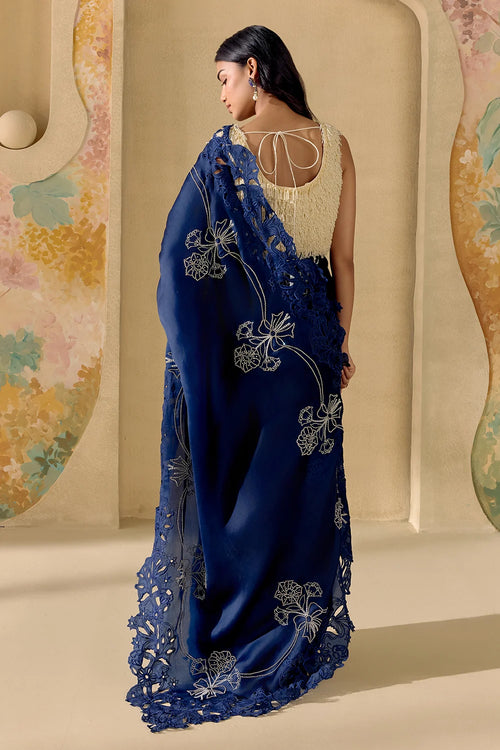 Indigo And Silver Embellished Saree