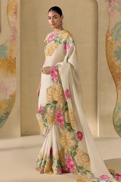 Ivory Floral Cordwork Saree