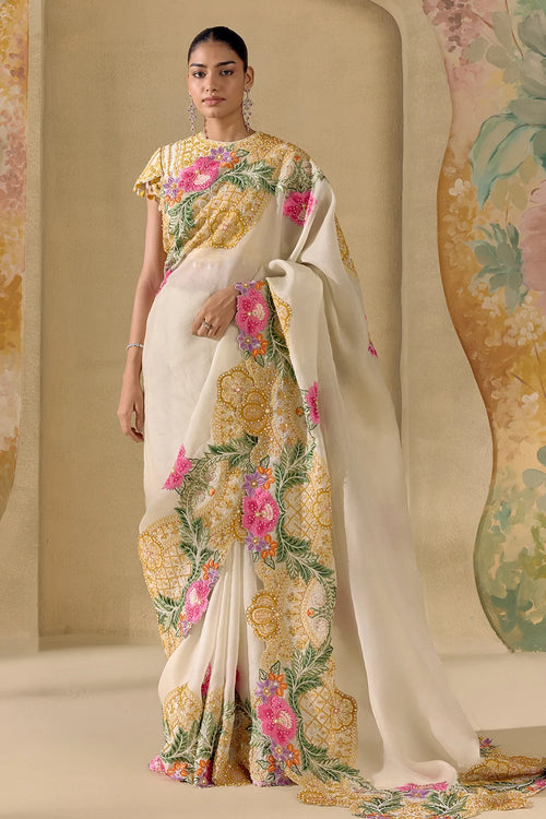 Ivory Floral Cordwork Saree
