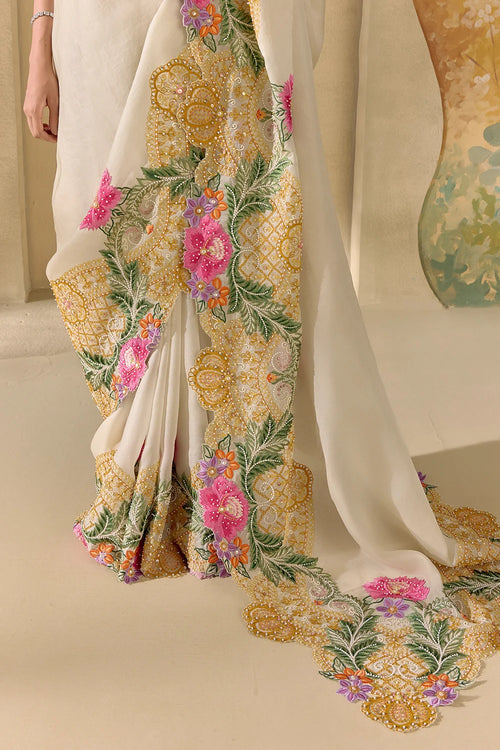Ivory Floral Cordwork Saree