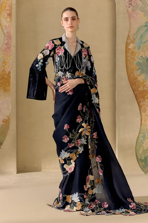 Black Fleur Saree And Jacket Set
