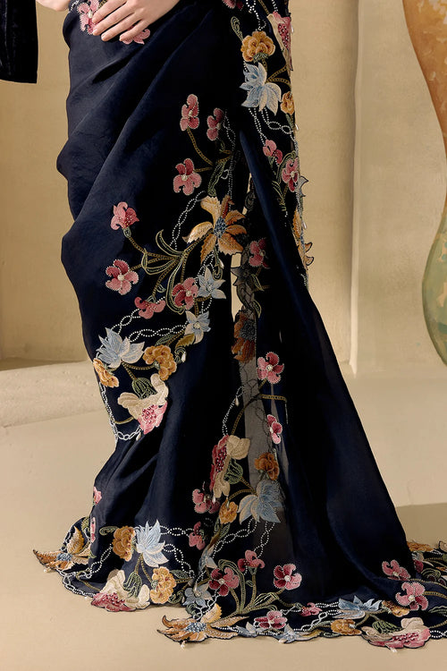 Black Fleur Saree And Jacket Set