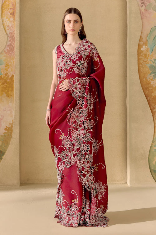 Ruby Contrast Cutwork Saree And Top Set