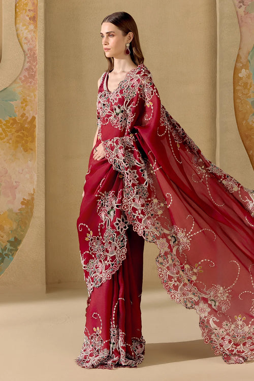 Ruby Contrast Cutwork Saree And Top Set