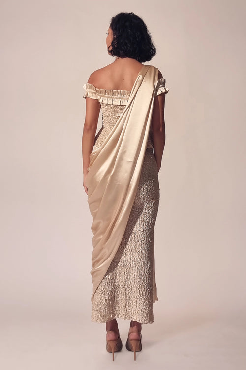 Alabaster Satin Pearl Peplum & Sari Skirt Set