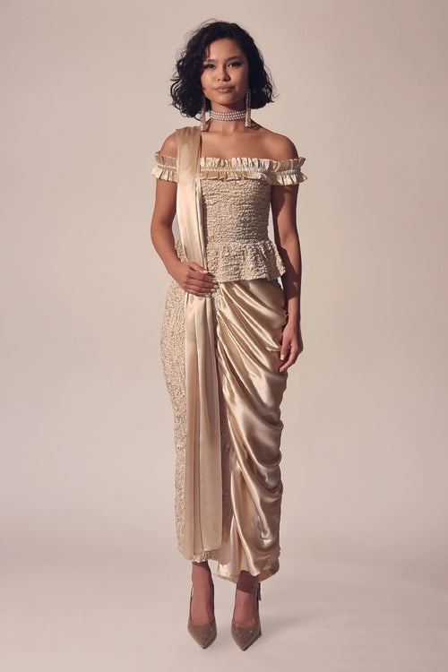 Alabaster Satin Pearl Peplum & Sari Skirt Set
