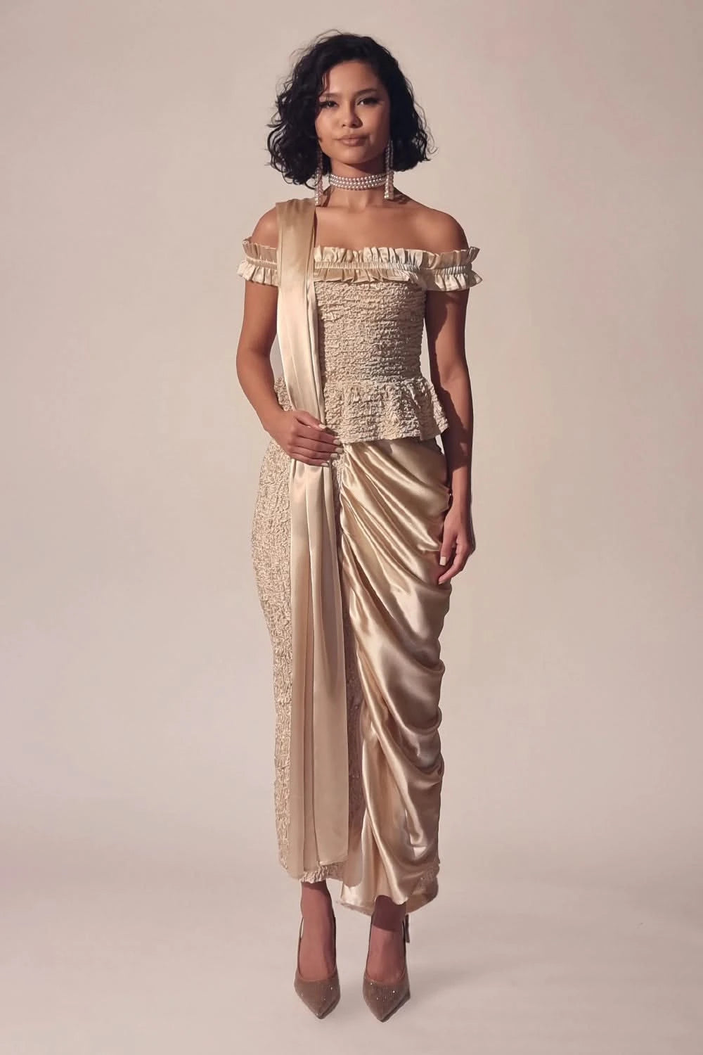 Buy Alabaster Satin Pearl Peplum & Sari Skirt Set by ACQUIRE