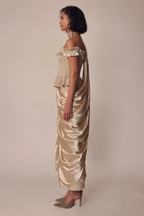 Alabaster Satin Pearl Peplum & Sari Skirt Set