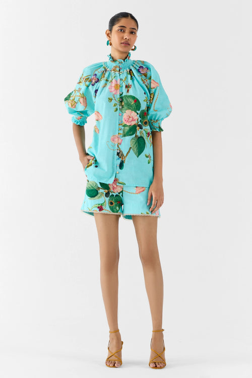 Blue Blossom Ruching Shirt & Shorts