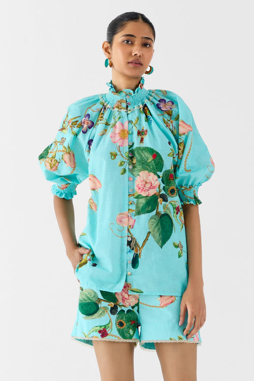 Blue Blossom Ruching Shirt & Shorts
