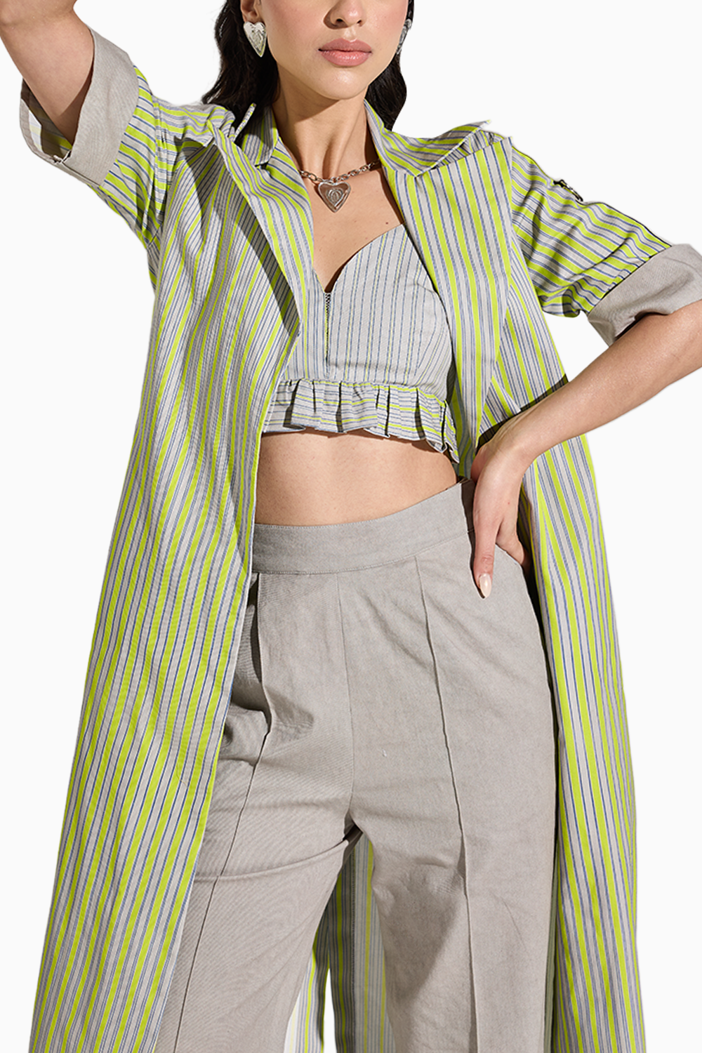 Lime Green Grey Lined Bralette Set with Trench