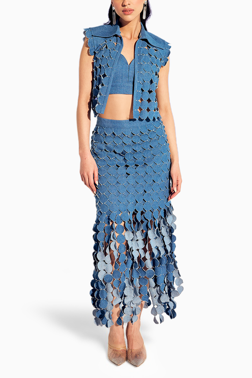 Denim Bralette with Glister Jacket and Skirt