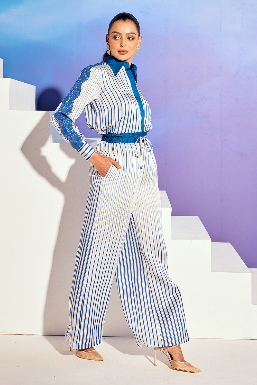 Blue Lined Pant Set