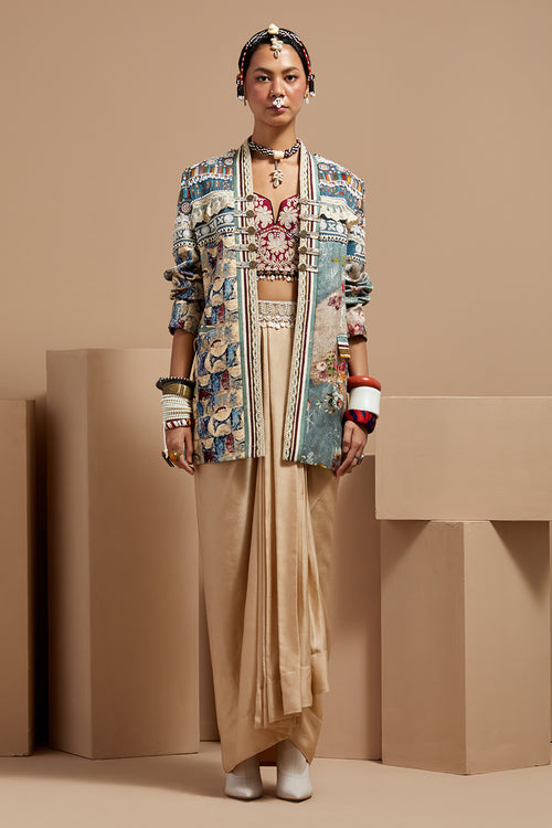 Multi Basque Blouse With Drape Skirt and Open Dhana Jacket