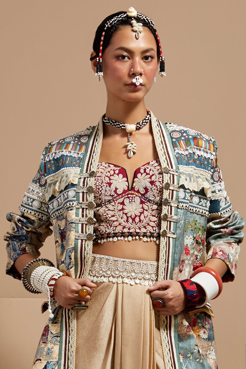 Multi Basque Blouse With Drape Skirt and Open Dhana Jacket