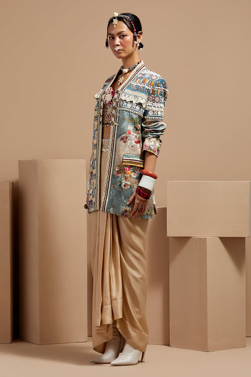 Multi Basque Blouse With Drape Skirt and Open Dhana Jacket