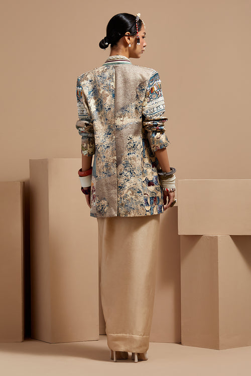 Multi Basque Blouse With Drape Skirt and Open Dhana Jacket