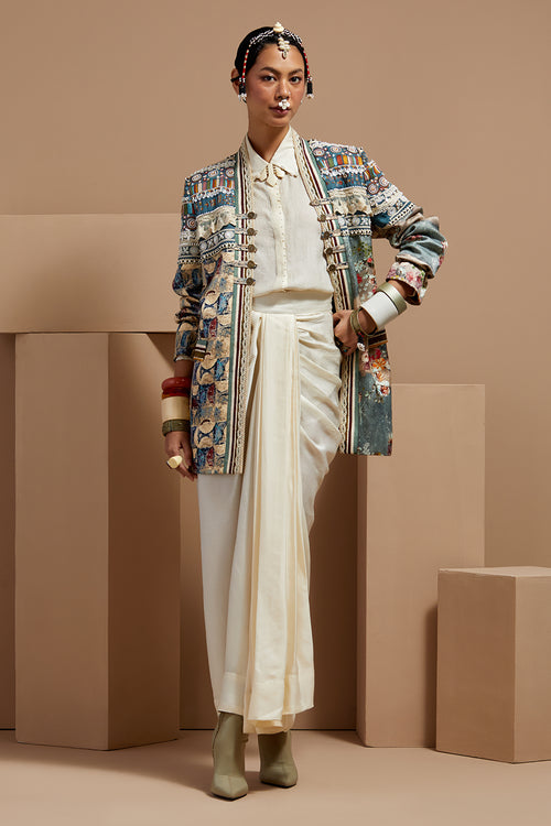 Multi Mogra Basque Shirt With Skirt and Open Dhana Jacket