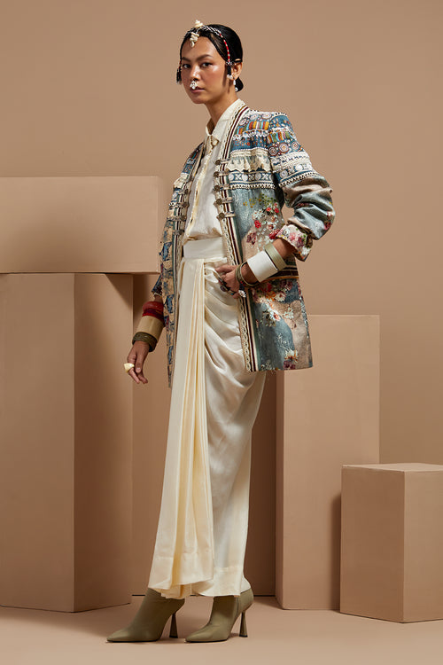 Multi Mogra Basque Shirt With Skirt and Open Dhana Jacket