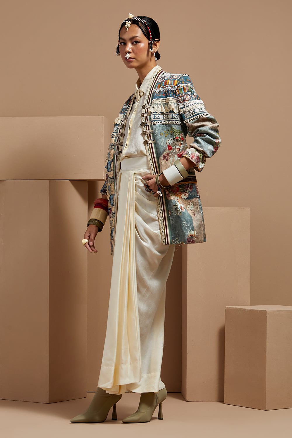 Multi Mogra Basque Shirt With Skirt and Open Dhana Jacket