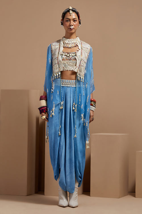 Aasmani Basque Blouse With Drape Skirt & Veni Dupatta Jacket