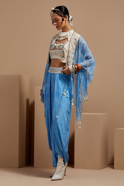 Aasmani Basque Blouse With Drape Skirt & Veni Dupatta Jacket