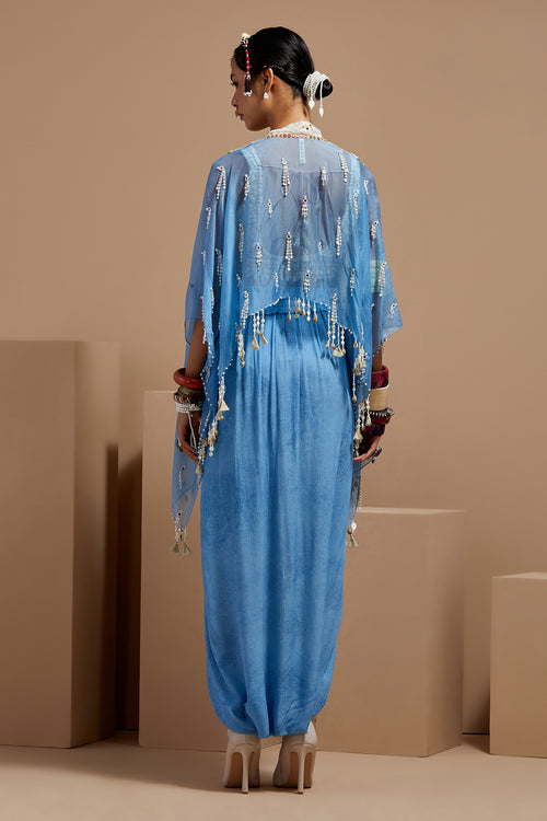 Aasmani Basque Blouse With Drape Skirt & Veni Dupatta Jacket