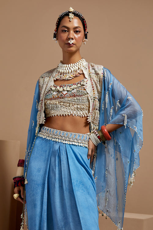 Aasmani Basque Blouse With Drape Skirt & Veni Dupatta Jacket