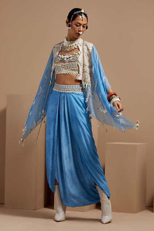 Aasmani Basque Blouse With Drape Skirt & Veni Dupatta Jacket