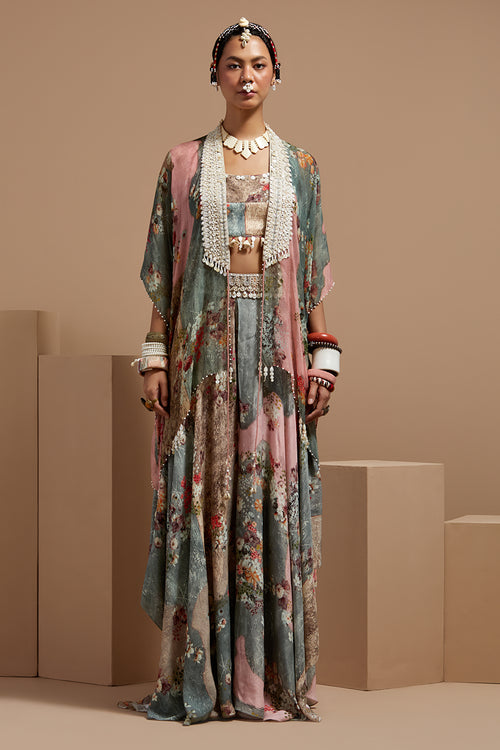 Multi Basque Corset Blouse With Flare Pants & Veni Dupatta Jacket