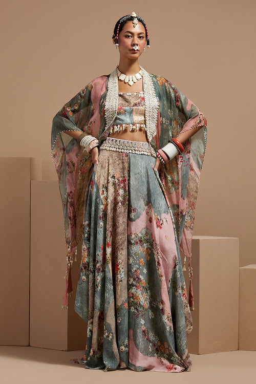 Multi Basque Corset Blouse With Flare Pants & Veni Dupatta Jacket