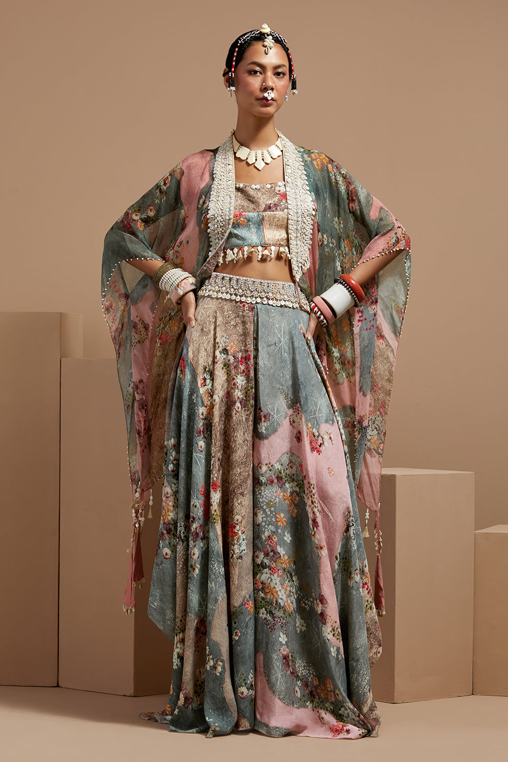 Multi Basque Corset Blouse With Flare Pants & Veni Dupatta Jacket