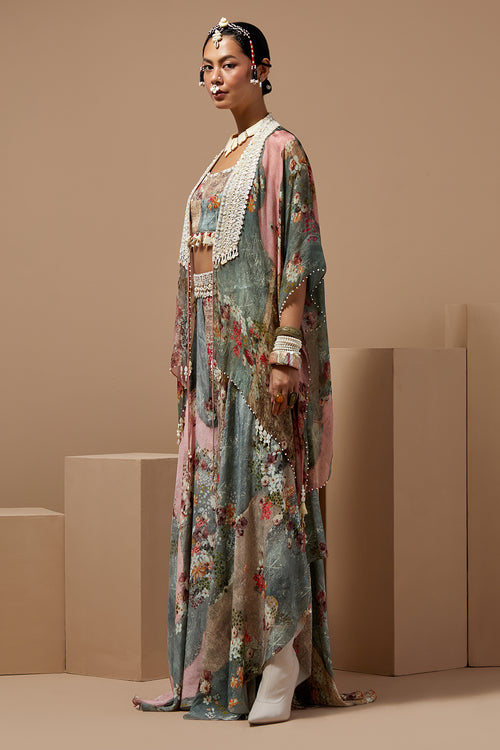 Multi Basque Corset Blouse With Flare Pants & Veni Dupatta Jacket