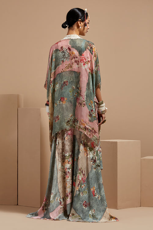 Multi Basque Corset Blouse With Flare Pants & Veni Dupatta Jacket
