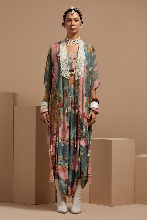 Multi Basque Corset Blouse With Drape Pants and Veni Dupatta Jacket