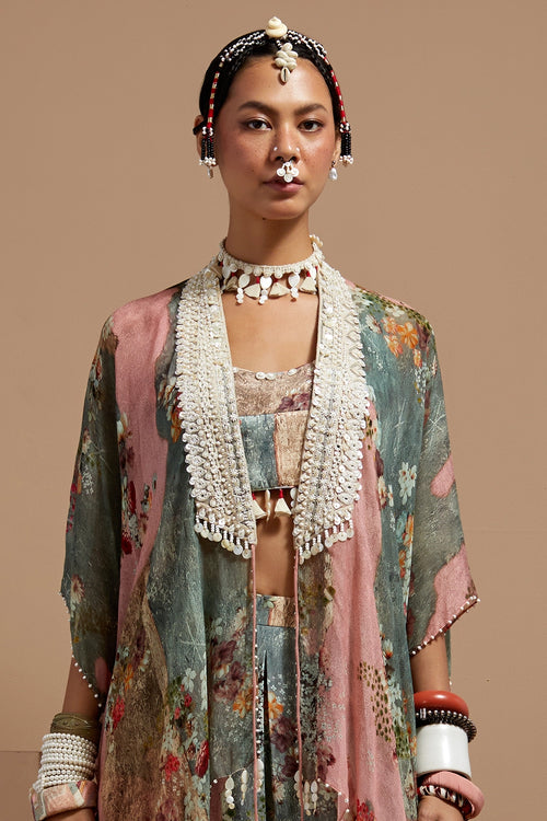 Multi Basque Corset Blouse With Flare Pants & Veni Dupatta Jacket