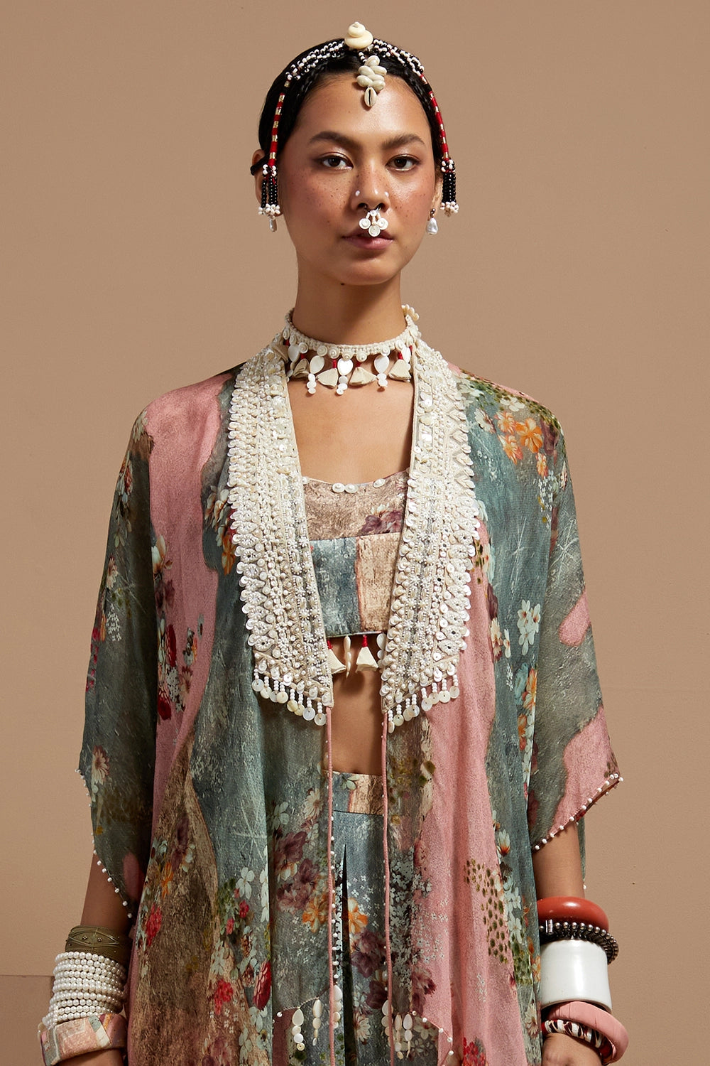 Multi Basque Corset Blouse With Flare Pants & Veni Dupatta Jacket
