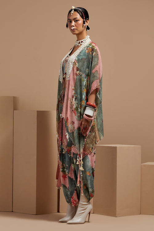 Multi Basque Corset Blouse With Drape Pants and Veni Dupatta Jacket