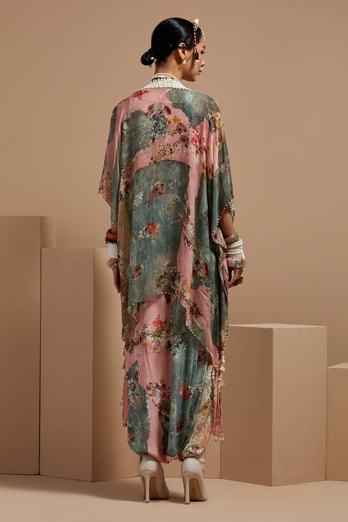 Multi Basque Corset Blouse With Drape Pants and Veni Dupatta Jacket