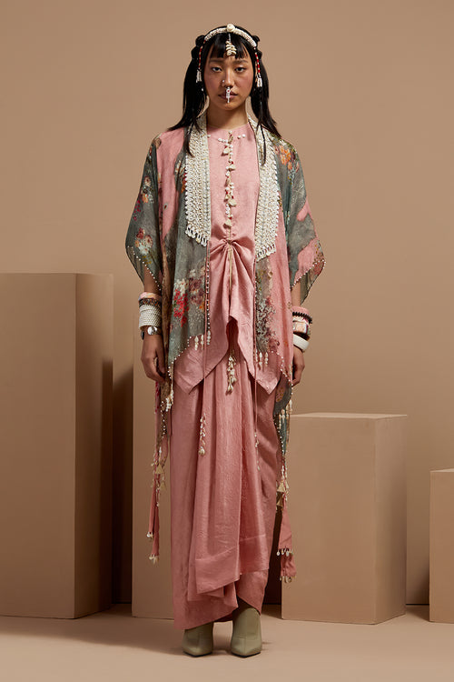Shell Pink Basque Kurta With Skirt & Veni Dupatta Jacket